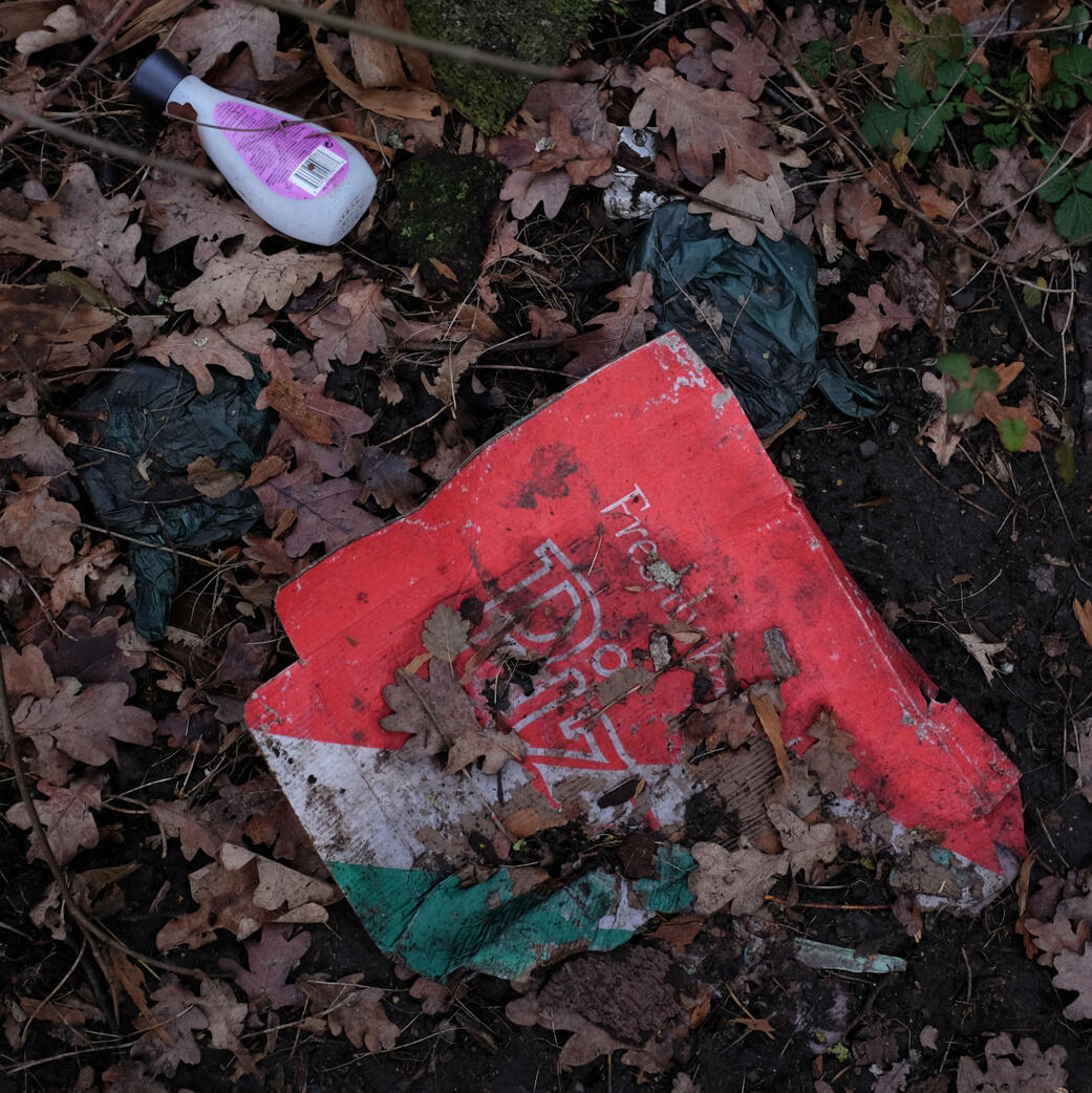 A bottle of nail varnish remover, dog waste bags and a pizza takeaway box discarded amidst dead leaves